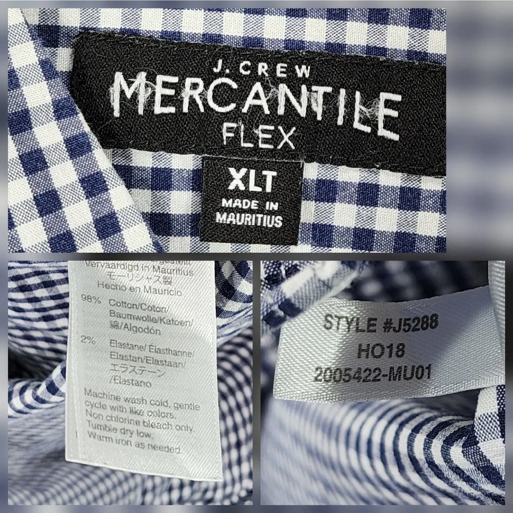 J Crew Men XLT Button Down Shirt Flex Oxford Blue‎ White Plaid 46x30 Long Sleeve